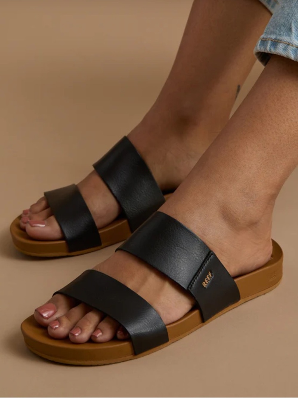 Reef cushion Vista Black Double-Band Slide Sandals with Tan Footbed 8 - Picture 9 of 9